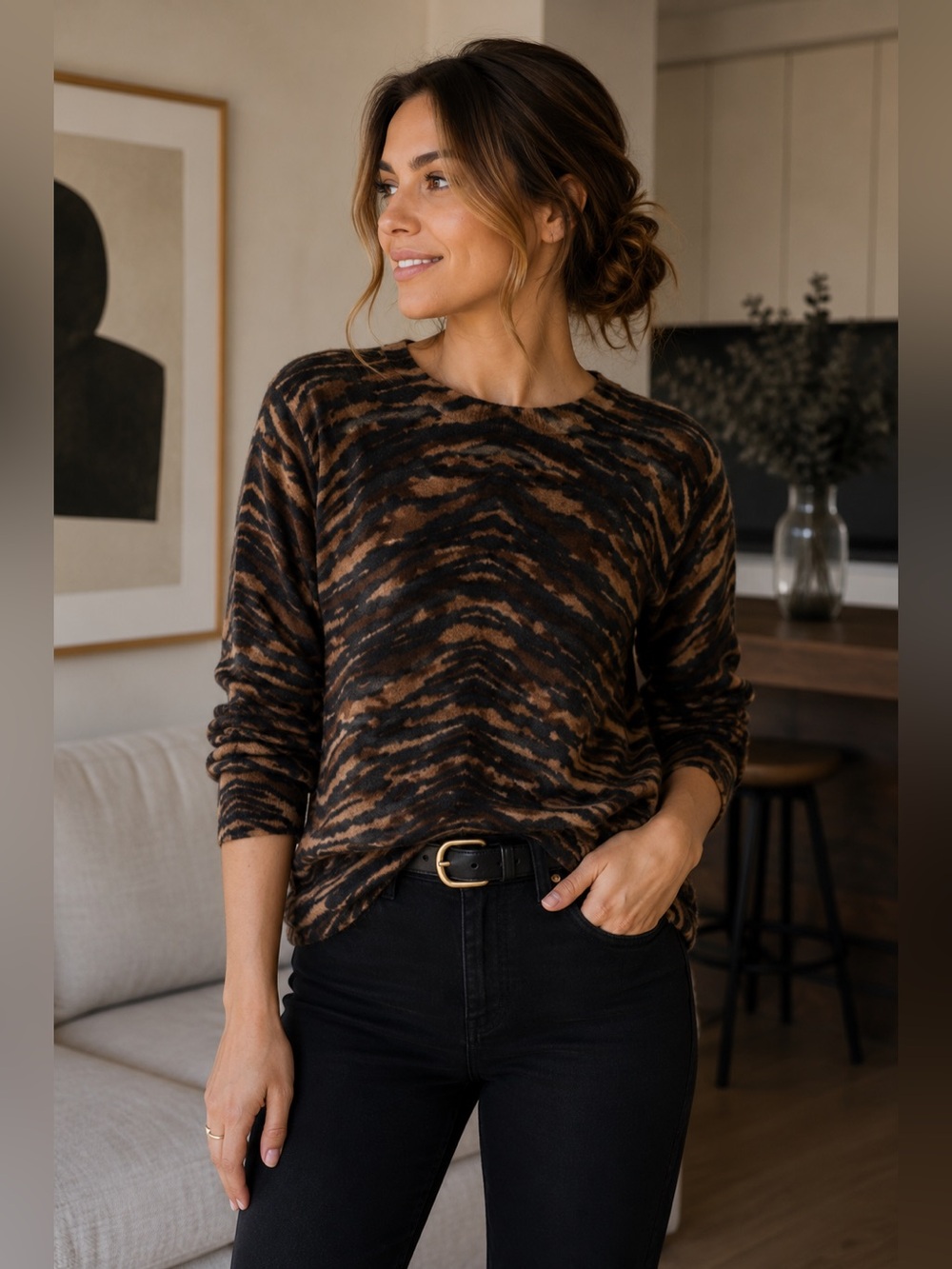 Talbots 100% Cashmere Brown and Black Animal Print Sweater Size S Cozy Luxury